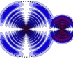 Charge density ρ for wave function ${{\rm{\Psi }}}_{{M}}$ in equation (2) with nA = 20, lA = 2, ${m}_{A}=-1$ and nB = 15, lB = 1, mB = 1. The dashed sphere with radius RA (RB) denotes the classical outer turning point of the electron of atom A (B).